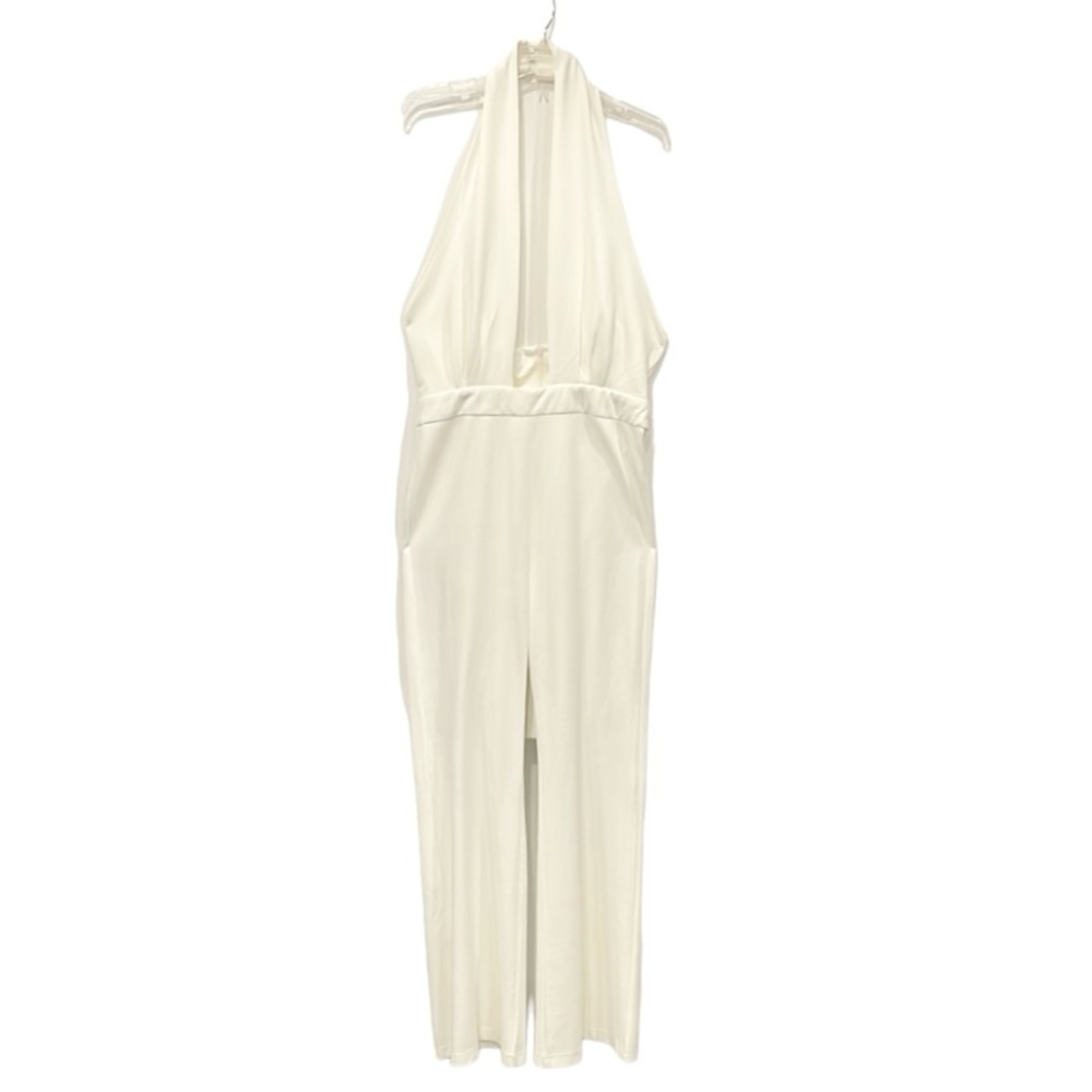Pink Lily Women Jumpsuit Knit Ivory Cutout Halter Wide Leg‎ Stretch Open Back Lg